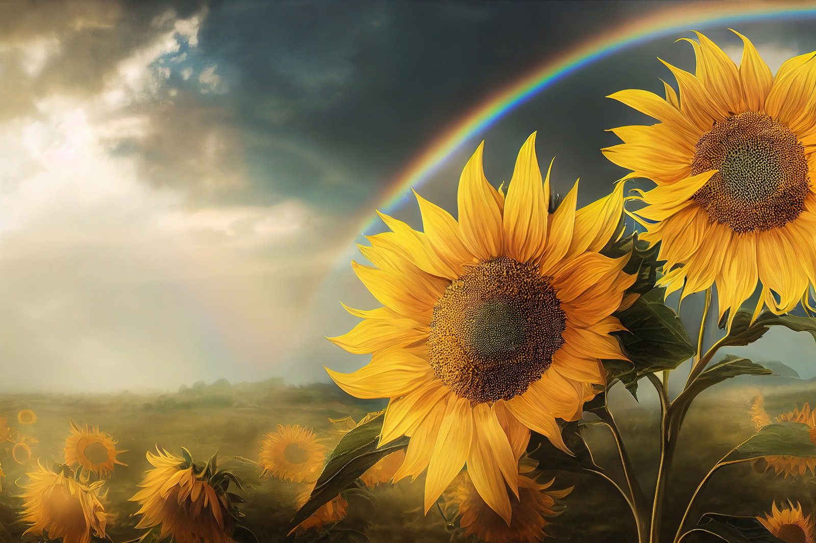 黄色いひまわり畑の上空に架かる虹