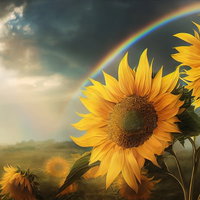 黄色いひまわり畑に架かる虹と青空の風景の写真