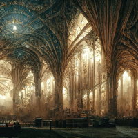 大きな柱とアーチが印象的なゴシック風大聖堂の内部の写真