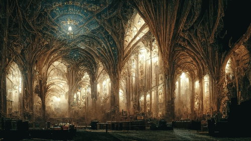 大きな柱とアーチが印象的なゴシック風大聖堂の内部