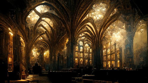 光が差し込むゴシック風聖堂の内部空間と石造建築