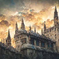 夕焼けに浮かぶ中世風の古城と尖塔の写真