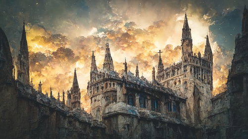 夕焼けに浮かぶ中世風の古城と尖塔