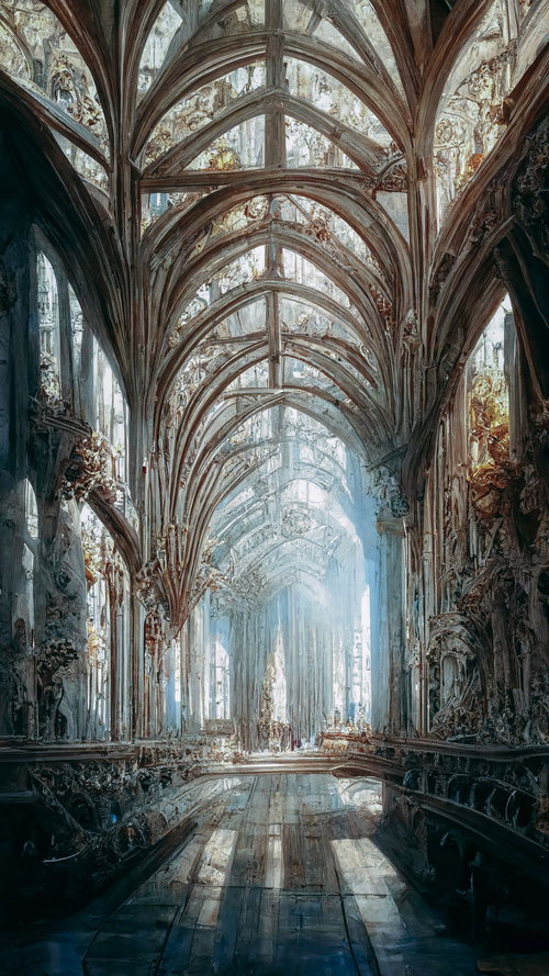 光立ち込める石造りの礼拝堂 - ファンタジー背景用神聖な神殿