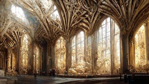 ステンドグラスの窓から光が差し込む大聖堂