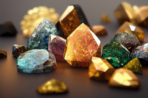 琥珀色と青緑に輝く魔法石のクリスタル結晶原石