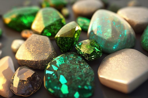 エメラルドグリーンのクリスタルと輝く魔法石の鉱石群