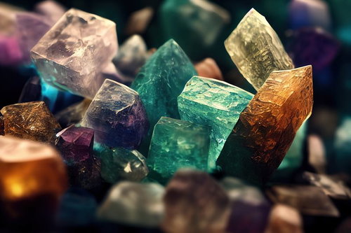 尖った透明感のあるカラフルな鉱石と結晶のクリスタル