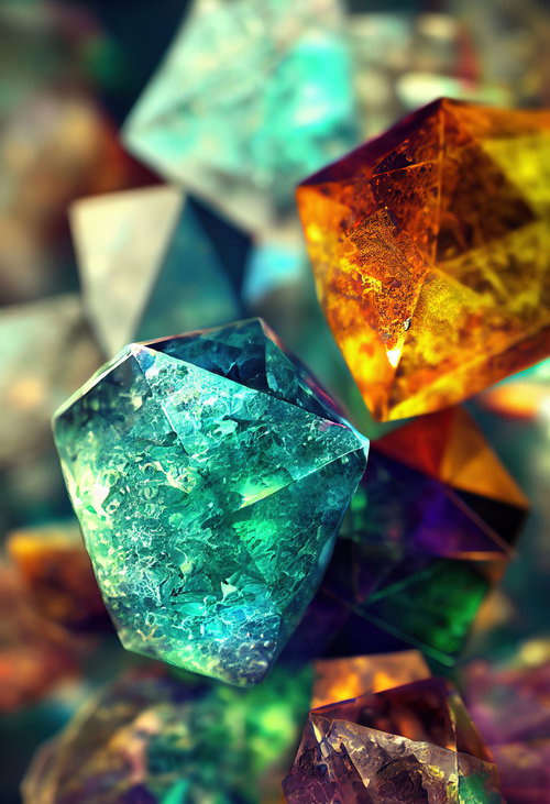 光を放つエメラルドとカラーストーン、複数の輝く結晶体