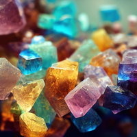 光に輝くカラフルな色の貴石と鉱物の結晶体の写真