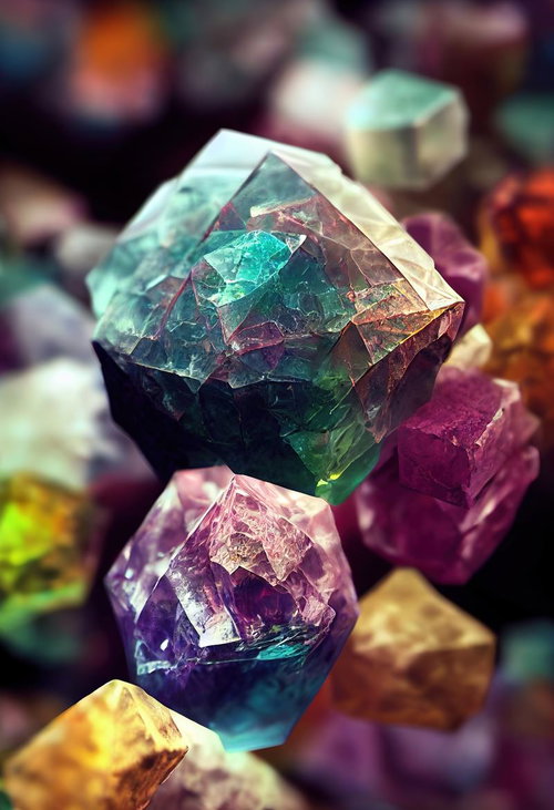 紫青緑に輝く精神感応金属風クリスタル - ファンタジー魔法石