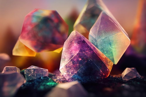 光が透ける虹色の鮮やかな鉱石と結晶のクローズアップ