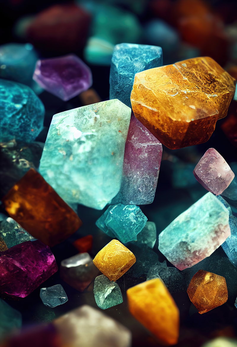 複数色に輝くカラーストーンと宝石が集合した構成