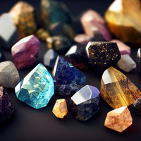 色々な魔法石風クリスタルと鉱石 青紫黄色オレンジの透明結晶の写真