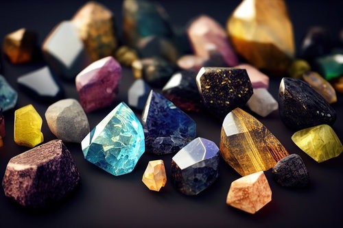 色々な魔法石風クリスタルと鉱石 青紫黄色オレンジの透明結晶
