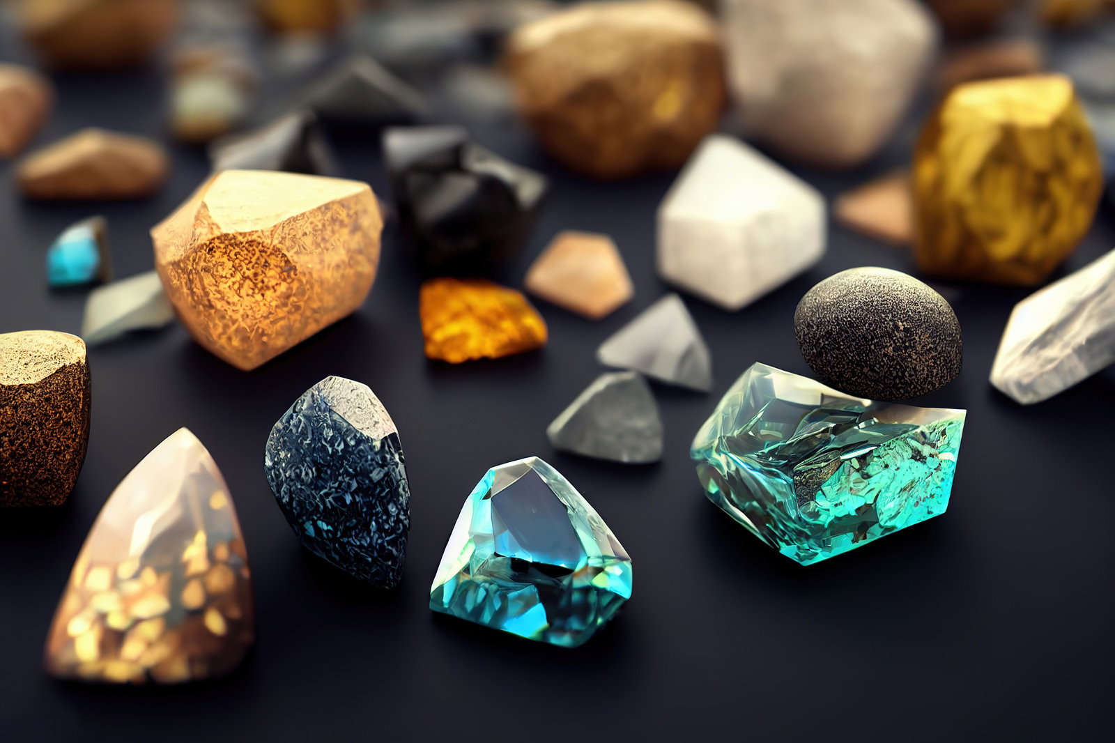 黒い背景に配置された様々な色合いの鉱物と宝石風アイテム
