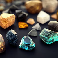 エメラルドグリーンとアンバーの鉱物と宝石風クリスタルの写真