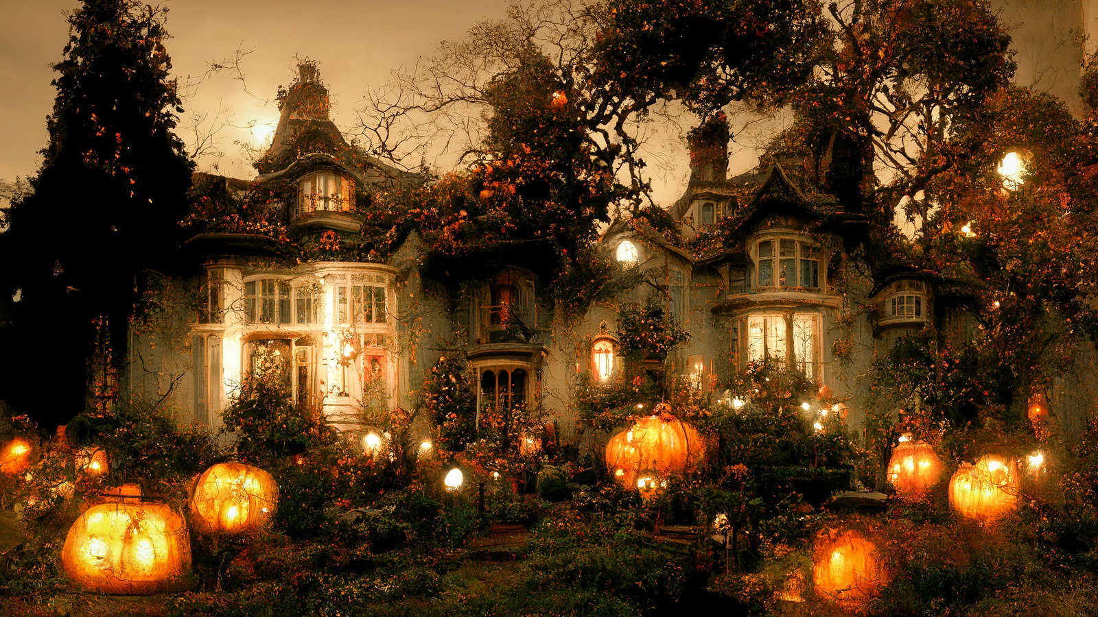 ハロウィンの夜、庭に光るジャックランタンと背景の洋館