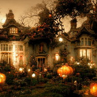 オレンジに光るジャックランタンが並ぶハロウィンパンプキンハウスの写真