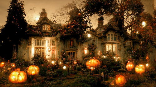 オレンジに光るジャックランタンが並ぶハロウィンパンプキンハウス