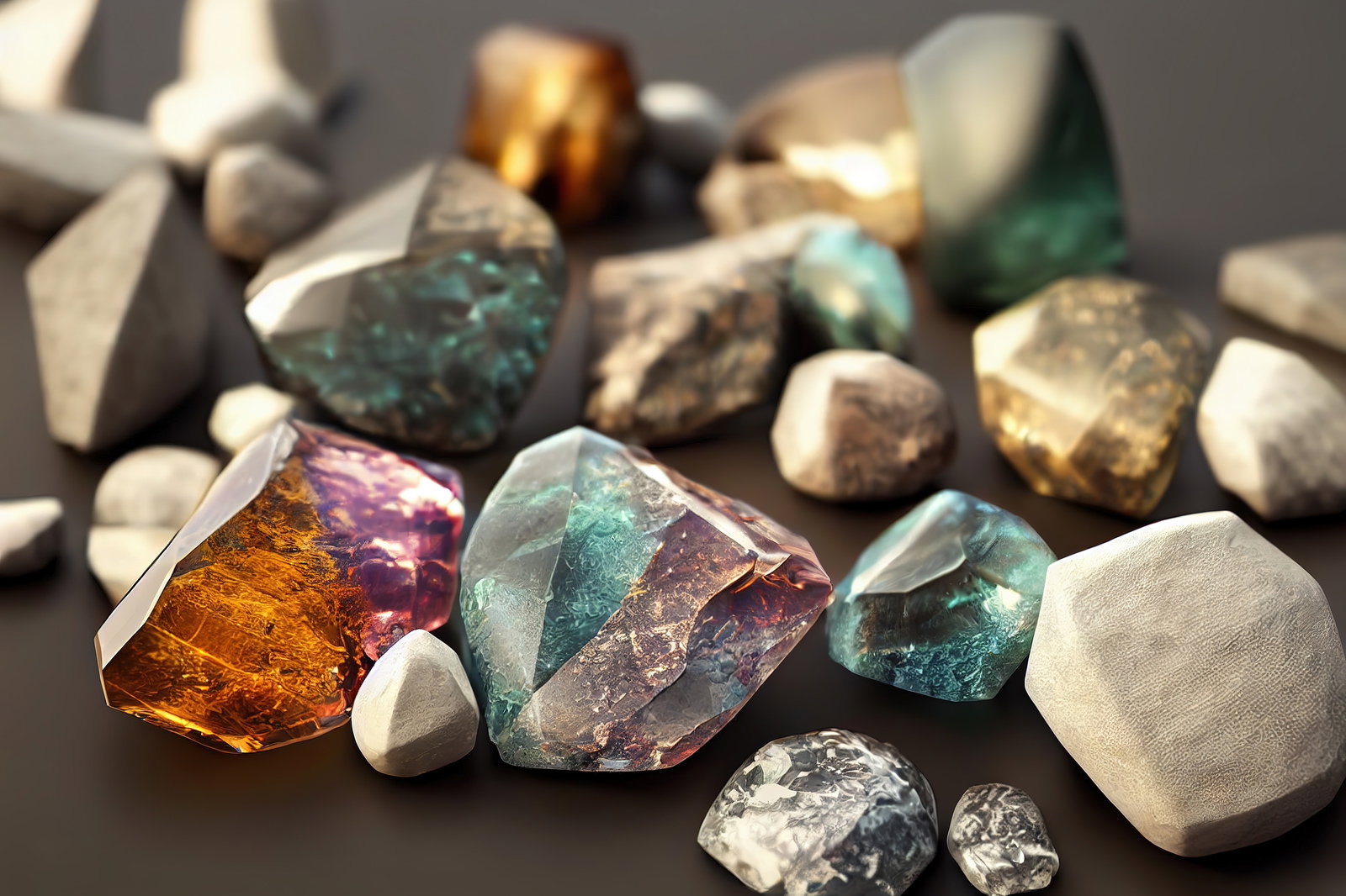 複数の鉱石と原石が散らばったコレクション