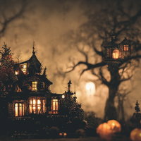満月と不気味な雰囲気の古城（ハロウィン）の写真