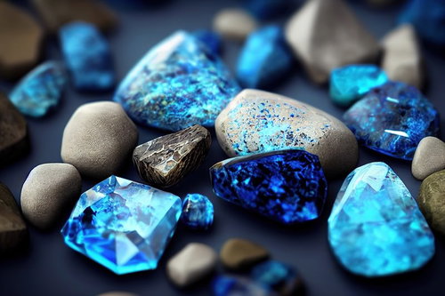 神秘的な輝きを放つ蒼い鉱石とクリスタルの天然石素材集