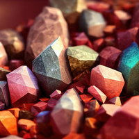 赤い鉱石とクリスタルの集合、天然石風原石の多色配置の写真