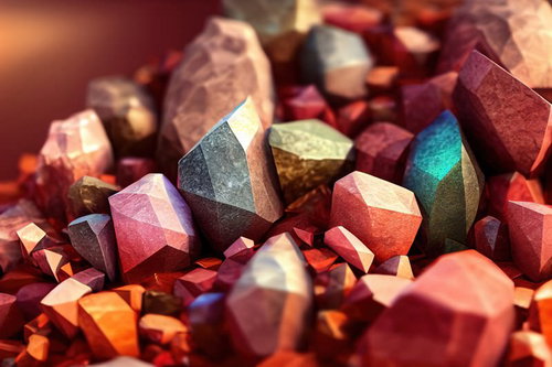 赤い鉱石とクリスタルの集合、天然石風原石の多色配置