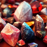 散らばったレッドストーンと結晶の鉱石群｜天然石の写真