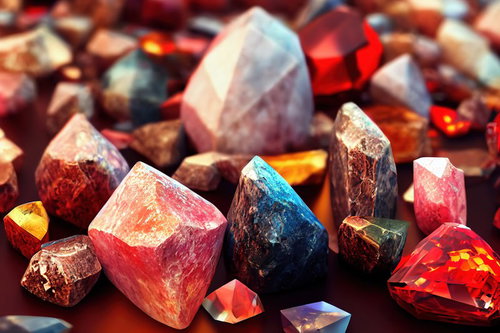 散らばったレッドストーンと結晶の鉱石群｜天然石