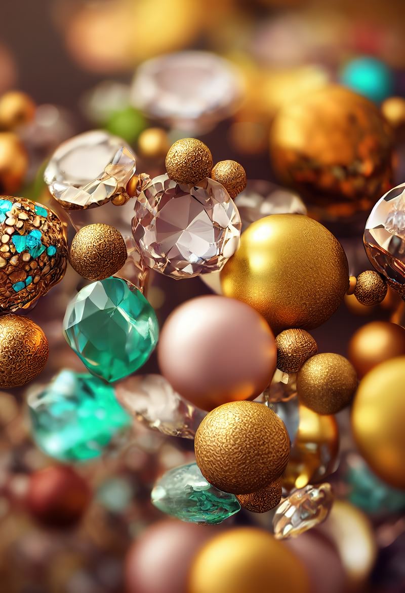 様々な色の宝石やビーズが散りばめられた装飾的な背景