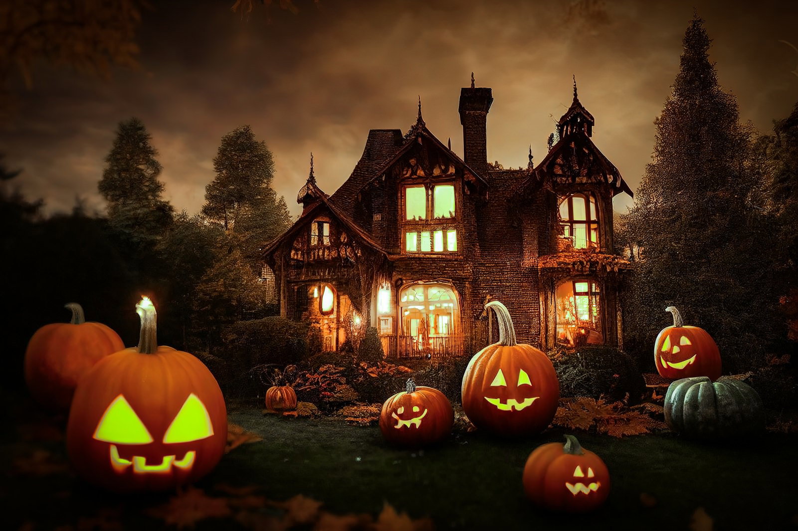 洋館の前にオレンジ色に光るジャックランタンが複数配置されたハロウィンの風景