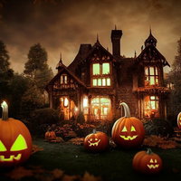 オレンジ色に光るジャックランタンに占拠された館の写真