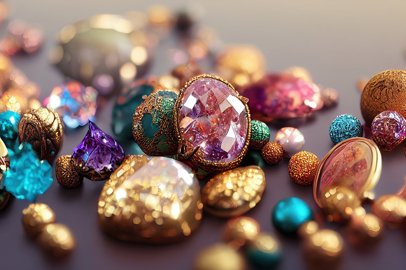 AI-generated image featuring large pink gemstones at the center surrounded by gold and blue stones
