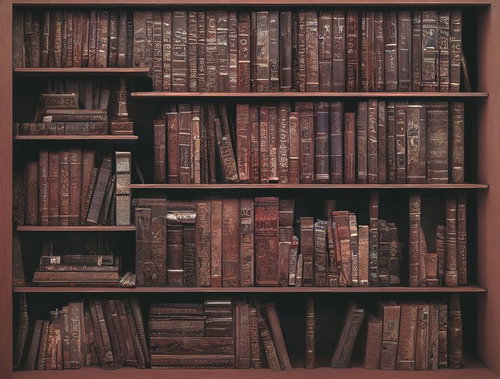 アンティーク調の本棚いっぱいに並ぶ古い洋書と書物