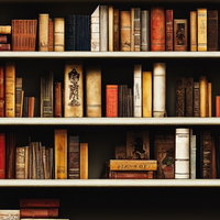 本棚に整然と並ぶ洋書の背表紙と落ち着きのある書斎空間の写真