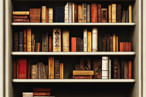 本棚に整然と並ぶ洋書の背表紙と落ち着きのある書斎空間