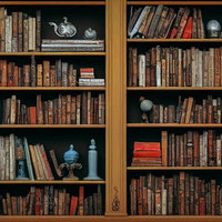 書斎の木製本棚に並ぶ洋書と落ち着いた学習空間の写真