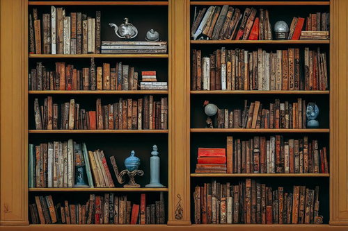 書斎の木製本棚に並ぶ洋書と落ち着いた学習空間