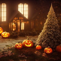 暖炉の光に集い始めるジャックランタン達とハロウィンデコレーションのAI画像