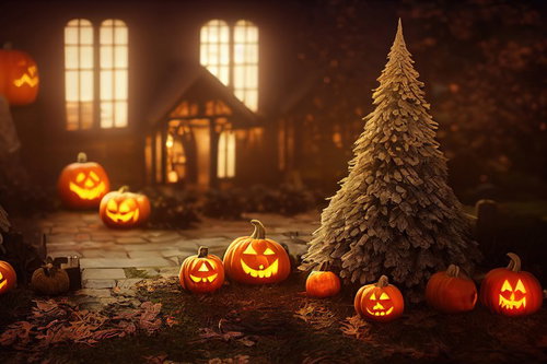 暖炉の光に集い始めるジャックランタン達とハロウィンデコレーション