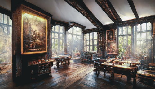 大きな絵画が飾られた洋館風クラシック応接室