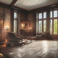 アンティーク調の暖炉のある洋館風洋室の室内装飾の写真