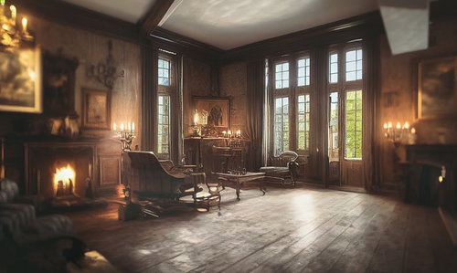 アンティーク調の暖炉のある洋館風洋室の室内装飾