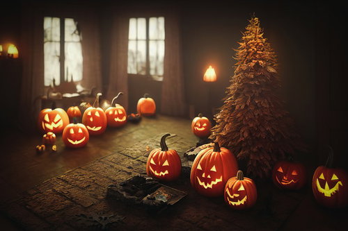 オレンジ色に光るジャックランタンとツリーの室内装飾