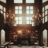 アンティーク調の洋館にある暖炉と書斎のある天井の高い部屋の写真