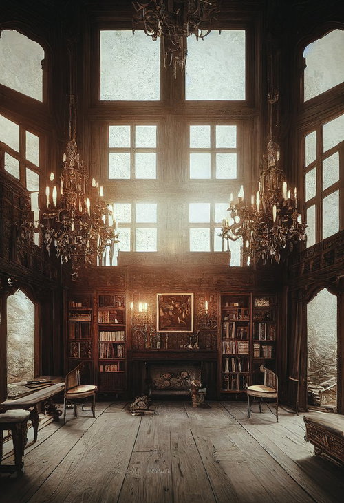 アンティーク調の洋館にある暖炉と書斎のある天井の高い部屋