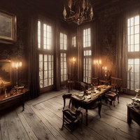 アンティーク調の応接室で重厚な木製テーブルと椅子の写真