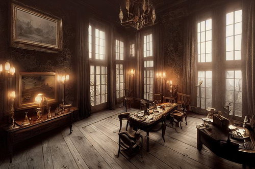 アンティーク調の応接室で重厚な木製テーブルと椅子